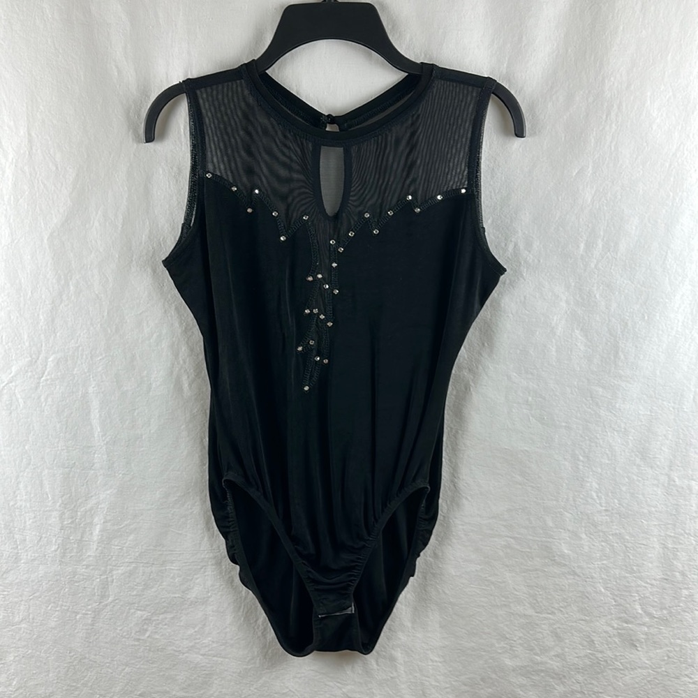 Geneva black bodysuit with semi-sheer bling top, size M